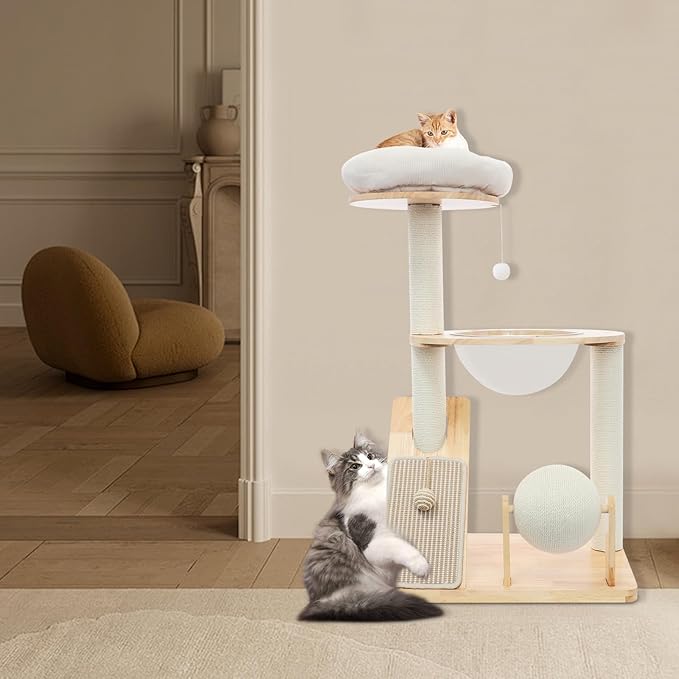 Wooden Cat Tree with Cuddle Bed and Scratching Posts, Multi-Level Cat Tower with Ramp and Ball, Compact Cat Furniture for Indoor Cats, Rubberwood Sisal Cat Climber for Small Spaces ﻿ (Style 2)