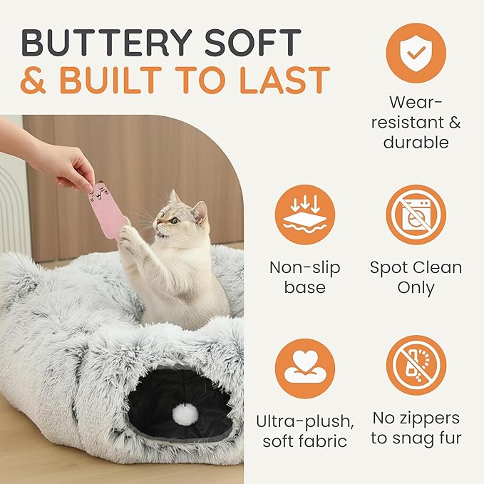 Interactive Cat Toys for Indoor Cats – 3-in-1 Cat Tunnel Bed with 2 Catnip Toys, Peekaboo Cat Cave & Donut Tunnel, Foldable Interactive Toy for Kittens & Small Pets, 32"