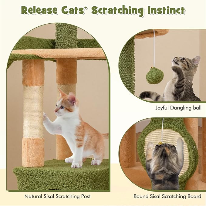 PETSITE 63 inch Cactus Cat Tree, Multi-Level Tall Cat Tower with Sisal Scratching Posts and Board, Comfy Condo, Rotatable Basket, Hanging Toys, and Anti-tipping Device, Modern Cat Tree for Indoor Cats