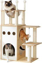42.5" Modern Wooden Cat Tree with 2-Story Condo, Scratching Posts, Capsule Nest & Dangling Balls - Sky City Design Indoor Furniture for Cats, Beige