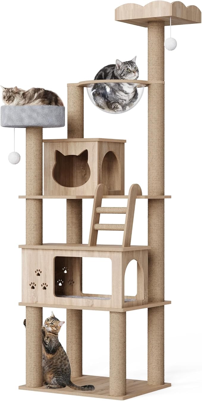 Wood Cat Tree for Indoor Cats, 72" Tall Cat Tower for Large Cat with Scratching Post Condos Perches and Capsule Nest Modern (Beige)