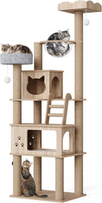 Wood Cat Tree for Indoor Cats, 72" Tall Cat Tower for Large Cat with Scratching Post Condos Perches and Capsule Nest Modern (Beige)
