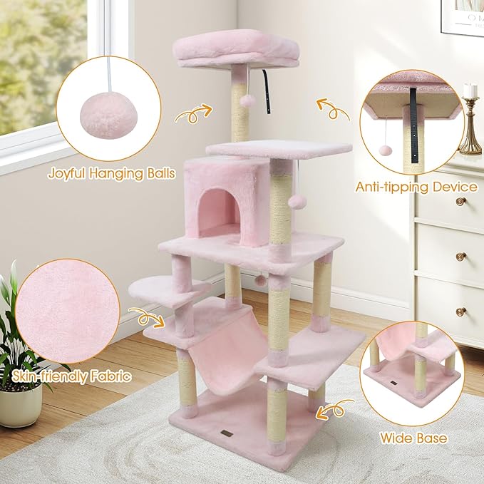 PETSITE Multi-Level Cat Tree, 58 Inches Tall with Sisal Scratching Posts, Condo, Hammock, Dangling Balls, Jumping Platforms, and Cozy Top Perch, Ideal for Indoor Cats to Play and Rest (Pink)