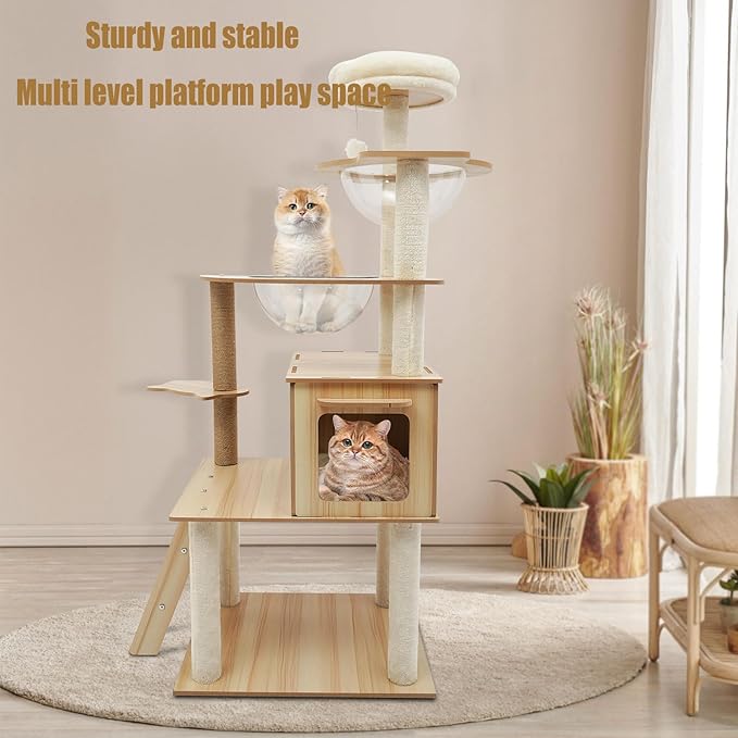Cat Tree, L19.7*W23.6*H55.1in Wooden Cat Climbing Tower for Indoor Cats, Multi-Layer Cat Condo with Scratching Posts, Cat House, Transparent Capsules, Holds 10kg/22lbs