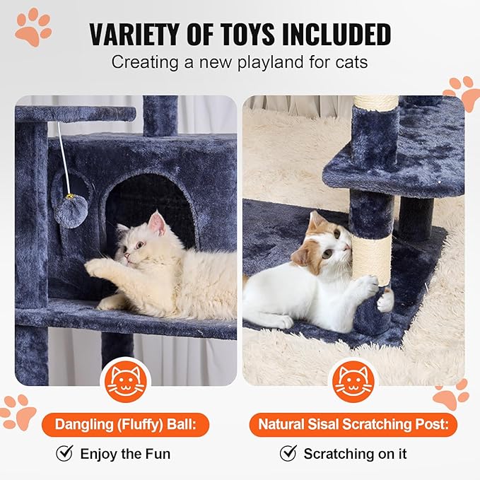 Happybuy Cat Tree for Indoor Cats, 68.5" Cat Tower with 2 Cat Condos, Sisal Scratching Post, Hammock, Top Perch, Jumping Platforms, Large Cat Furniture Activity Center with Hang Ball, Dark Grey