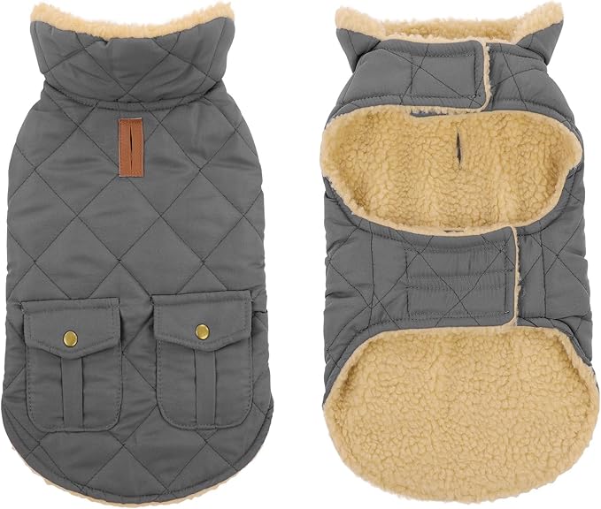 Dog Winter Coat for Small Dogs, Puppy Plaid Jacket, Pet Coat for Cold Weather, Windproof Warm Dog Jackets, Pet Thickened Outfits Indoor Outdoor, Grey S