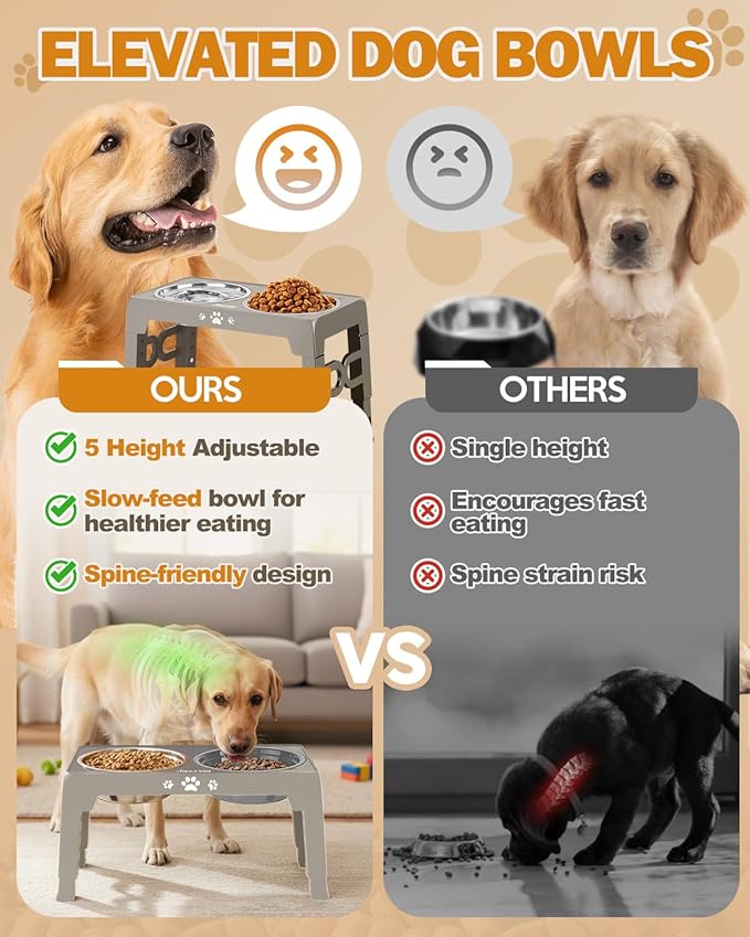 Elevated Dog Bowls for Medium Size Dogs, Non-Slip Dog Feeder with 1*Stainless Steel Dishes & 1*Slow Feeder Bowl, 5 Heights Adjustable Raised Bowls to 3.15″-8.66″-9.84″-11.02″-12.2″