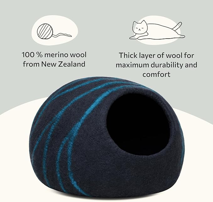 MEOWFIA Cat Cave – Premium Felt Cat Bed for Indoor Cats, Handmade Merino Wool (Black Aqua, Large)