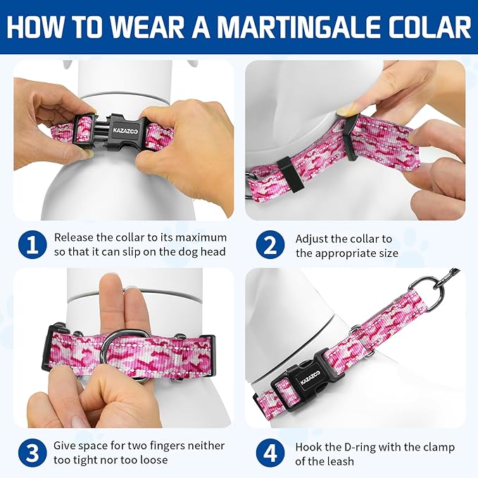 Kazazoo Reflective Martingale Collar for Dogs with Quick Release Buckle Adjustable Soft Durable Dog Collar for Small Medium Large No Pull Training Dog Collars-Pink Camo S