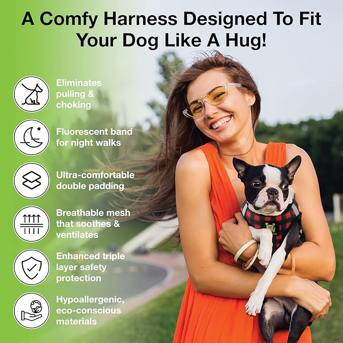 EcoBark Step in Dog Harness - Eco-Friendly Teacup Dog Harnesses for XXS, XS, and Small Dogs - Reflective and Adjustable Mini Body Halter Vest -Tiny Soft Mesh Toy Breed Harness (XXXS, Plaid)