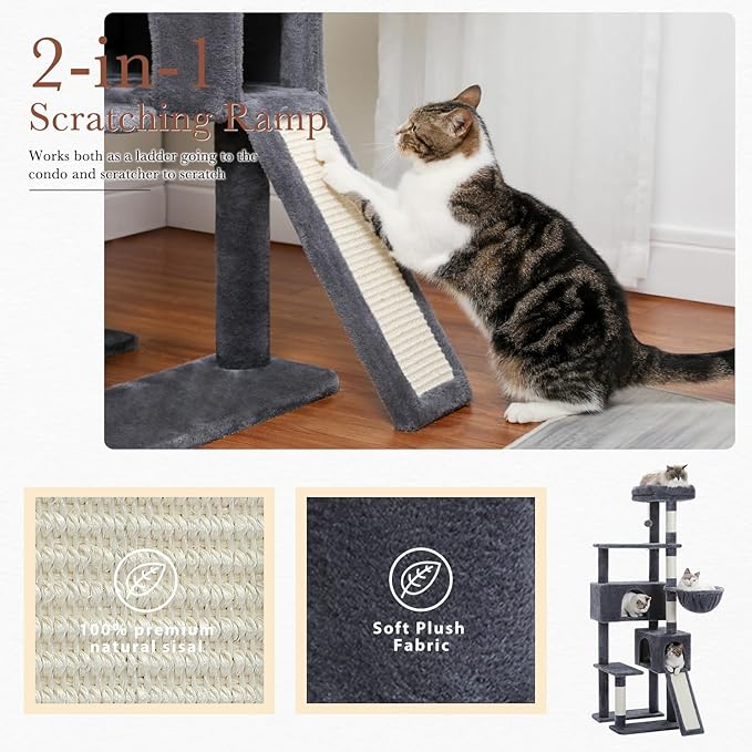 PEQULTI 60'' Cat Tree, Tall Cat Tower with 2 Large Condos, Wide Top Perch, Cozy Hammock and Sisal Scratching Posts for Indoor Cats Lare Adult Smoky Gray