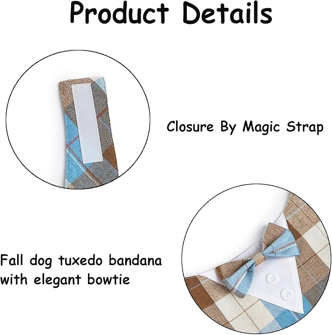 Fall Dog Tuxedo Bandana, Orange Plaid Pet Collar with Bowtie, Adjustable Halloween Thanksgiving Dog Tux Costume for Small to Extra Large Pets