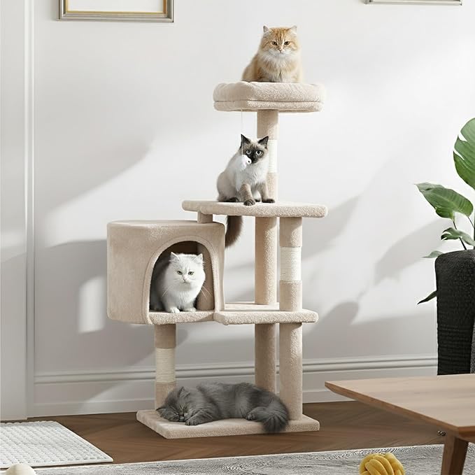 ‌Dopinmin 36" Winter Cat Tree - Plush Multi-Level Indoor Cat Tower with Sisal Scratching Posts & Ramp Plush Condo for Kittens,Beige