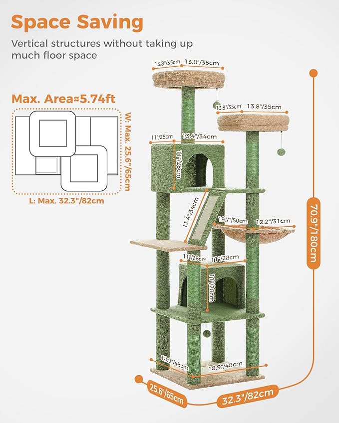 PEQULTI 71'' Cat Tree for Indoor Cats with Big Hammock, Tall Cat Tower for Large Cats with 2 Cat Condo, 2 Soft Top Perch, Scratching Posts and Pad, Green