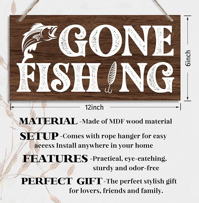 Funny Gone Fishing Wood Decor Sign, Hanging Printed Wooden Plaque Decor, Rustic Home Decor Sign, Hanging Fishing Decor Sign, Gifts for Men, Rustic Farmhouse Wall Decor Sign 12x6 inch