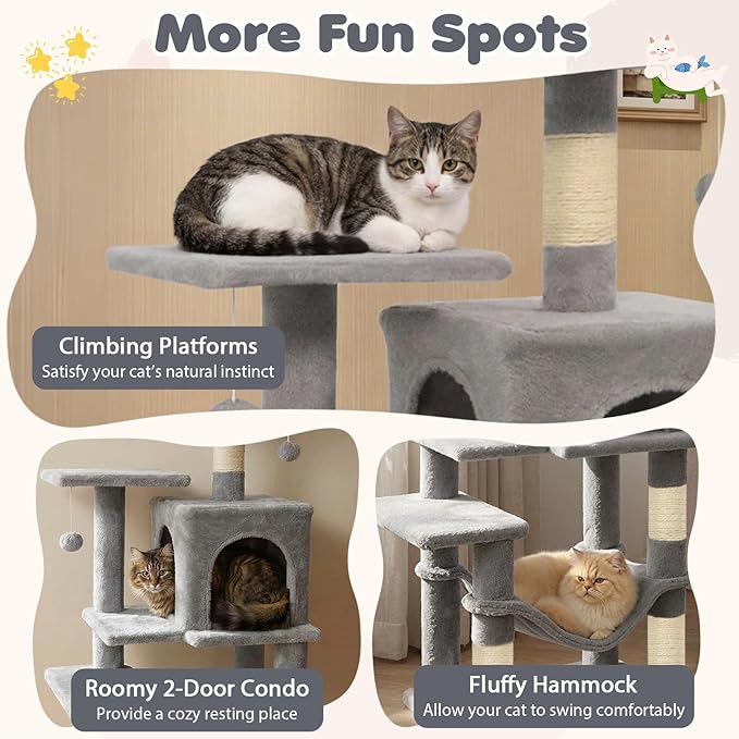 Tangkula Cat Tree Tower, 44 Inch Multi-Level Cat Tower with Sisal Scratching Posts, 2-Door Condo, Padded Top Perch & Hammock, 2 Hanging Balls, Jumping Platforms for Indoor Cats (Light Gray)