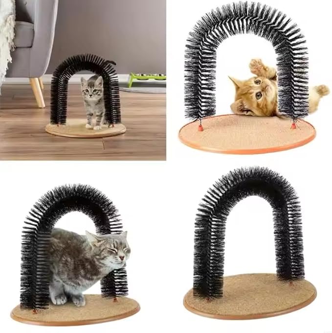 Cat Scratcher, Heavy Duty Cardboard, All Breed Sizes, Scratching and Exercise Cat Self-Groomer Bristle Ring Brush Arch with Carpeted Base Hair Cleaner Pads (Black,One Size)