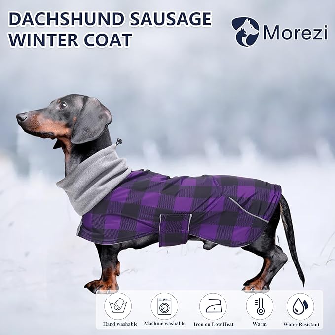 Dachshund Coats Waterproof Suitable for Dachshunds Sausage Weiner Dog Winter Coat Padded Fleece Puppy Snowsuit with Adjustable Bands Reflective Stripe - Plaid Purple - XS
