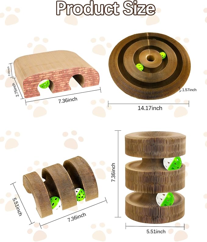Kitty Kurlz Cat Toys, Magic Organ Cat Scratcher Board with 2 Bell Balls,Twisty Paws Cat Toy Foldable＆Changeable, Interactive Kitty Curls for Indoor Cats Physical & Mental Exercise-Coffee Brown