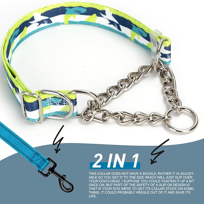 No-Pull Martingale Dog Collar with Chain - Adjustable Shark Pattern Choker Collar for Training, Anti-Pull Slip Collar for Medium, Large & XL Dogs（L）