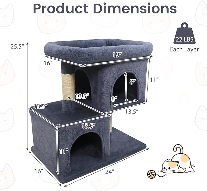 Tangkula Small Cat Tree for Indoor Cats, 25.5 Inch Cat Tower with Sisal Scratching Posts, 2 Large Cat Condos with Padded Top Perch, Modern Cat Climbing Furniture for Adult Cats & Kittens (Dark Gray)