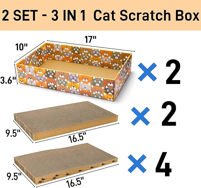 Set of 2 Cat Scratching Boxes, 17x10 in 6 Pcs Corrugated Cardboard Pad with 2 Boxes, Large Cute Reversible Kitty Sofa Bed, Refillable Wave Shaped Lounge, Interactive Kitten Toy for Indoor Cat