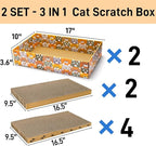 Set of 2 Cat Scratching Boxes, 17x10 in 6 Pcs Corrugated Cardboard Pad with 2 Boxes, Large Cute Reversible Kitty Sofa Bed, Refillable Wave Shaped Lounge, Interactive Kitten Toy for Indoor Cat