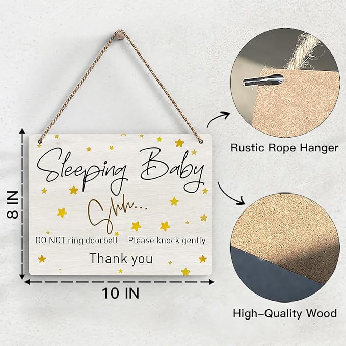Baby Sleeping Sign For Front Door, Do Not Knock Or Ring Doorbell Wooden Sign, Baby Room Nursery Home Bedroom Rustic Hanging Sign, Set of 1 Wooden Sign With Rope - f01