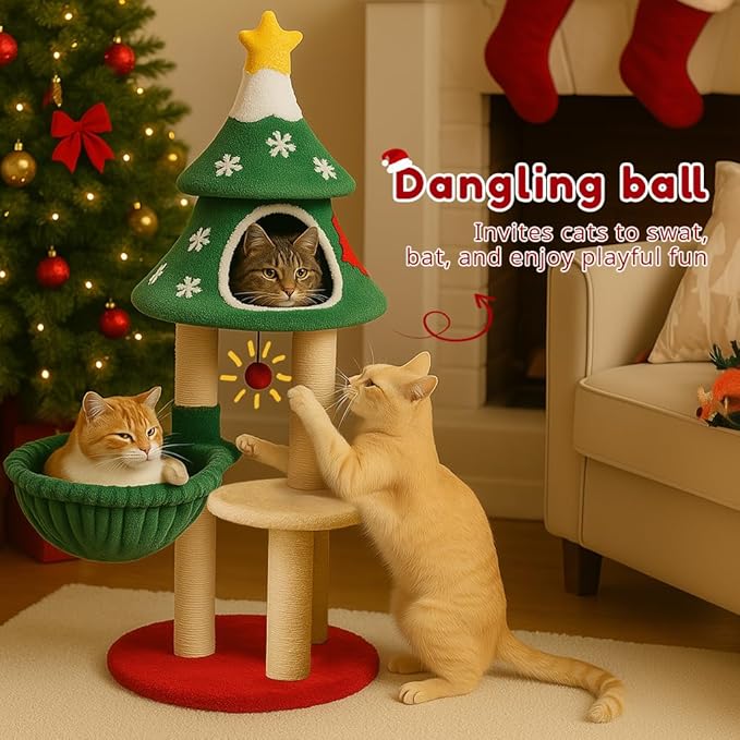 LUCKLIFE 48" Christmas Cat Tree with 2 Cozy Houses,Indoor Modern Cats Tower with Anti-Tip Kit,Plush Perches & Hanging Balls,Holiday Cat Climbing Furniture for Kittens to Play and Sleep