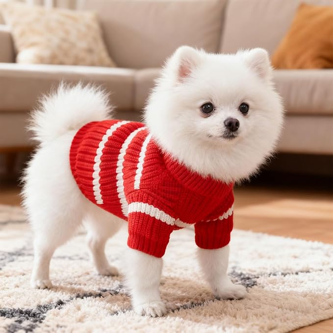 Small Dog Sweater with Cute Pocket Decoration, Striped Soft Stretchable Warm Puppy Clothes for Small Dogs Cats, French Bulldog, Chihuahua for Winter