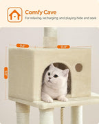 Feandrea Cat Tree, 44.1-Inch Cat Tower for Indoor Cats, Multi-Level Cat Condo with 11 Scratching Posts, 2 Perches, Cave, Hammock, Beige UPCT215M01