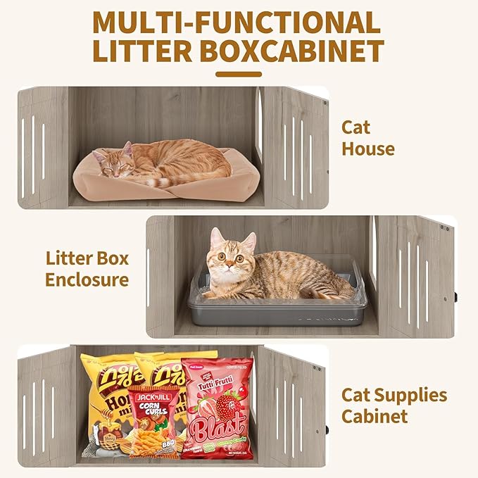 Cat Litter Box Enclosure with Cat Tree Tower and Condo, Hidden Cat Washroom Furniture with Sisal Scratching Post and Soft Plush Perch, Wooden Cat Furniture with Multiple Platforms
