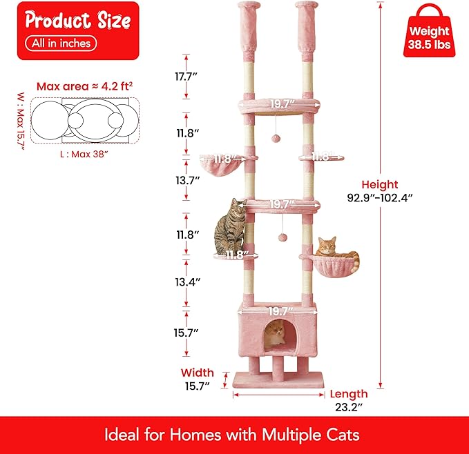 Pink Cat Tree, Floor to Ceiling Cat Tower Adjustable Height [92.9-102.4 in=235-258cm], 7 Tiers Cat Climbing Play House with Scratching Post, Cozy Condo & Hammocks for Indoor Cats