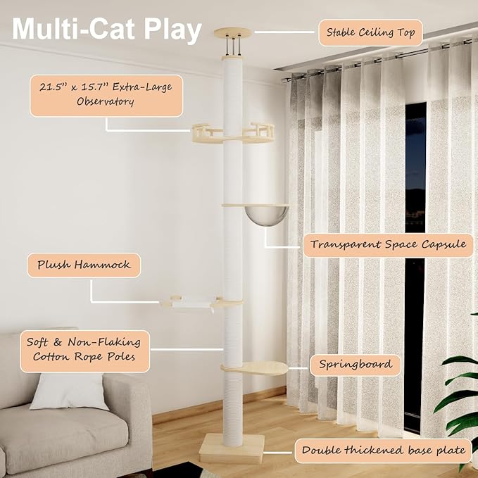 Cat Tree Floor to Ceiling Cat Towers Adjustable Height(108-112 Inches), Tall Cat Tree Natural Sisal Scratching Post, Modern Cat Tree Tower for Large Indoor Cats, Cotton Rope