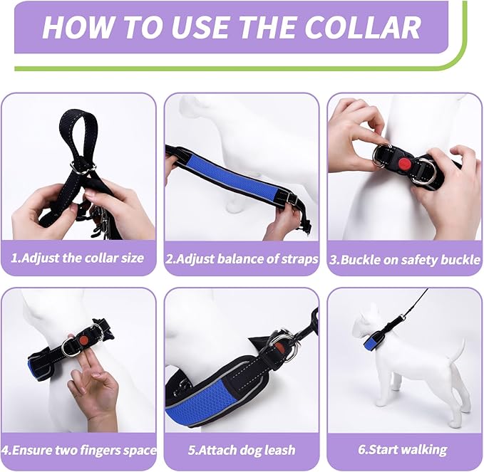 Martingale No Pull Dog Collar for Large Medium Dogs Training Walking, Heavy Duty Nylon Reflective Adjustable Anti Pull Slip Collar with Buckle L Blue