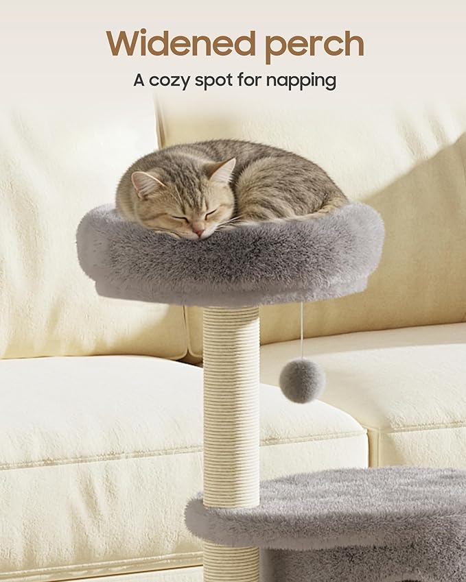 Cat Tree, 34.3 Inches Cat Tower with Scratching Post, Condo, Interactive Hanging Ball, Plush Perch for Indoor Large Cats, Gray