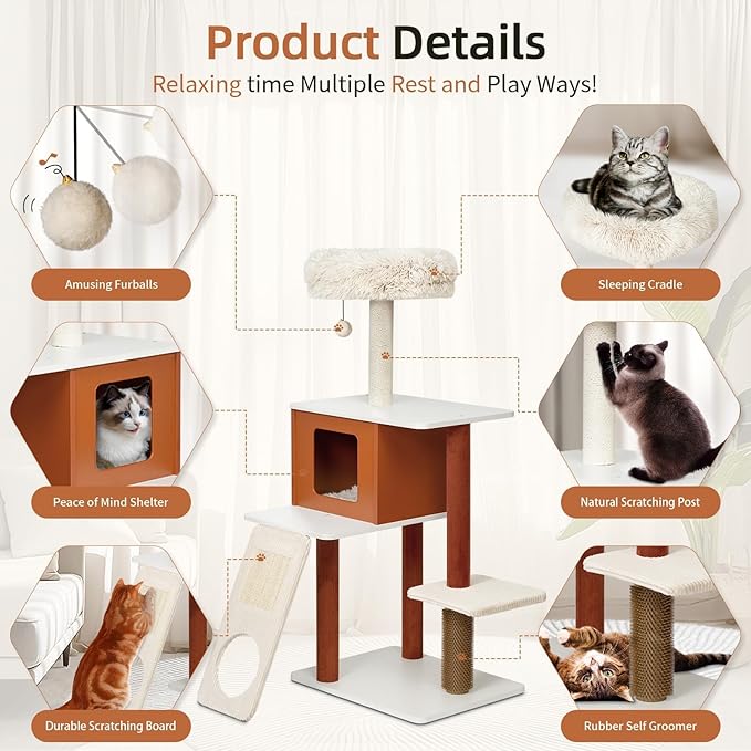 Modern Cat Tree for Large Cats - Multi-Level Activity Center with Sisal Scratching Posts, Plush Perch, Enclosed Condo & Hanging Toy, Sturdy Wood Design for Indoor Use (M)
