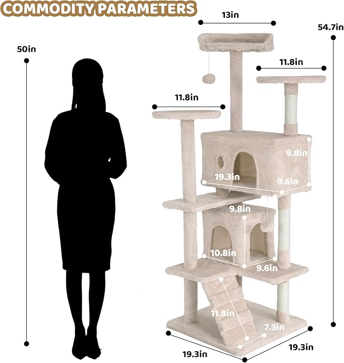 Cat Tree Tower, Sisal-Covered Scratching Posts, Condo, Hammock, Dangling Ball, and Extended Platform, Big Cat House & Furniture, 54" Tall, Beige