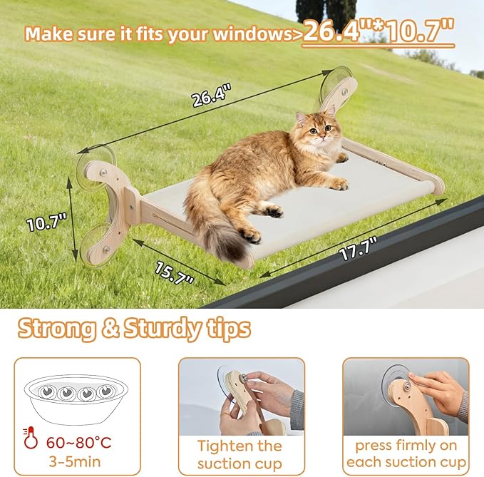 Cat Window Perch, Adjustable 4 in 1 Cat Hammock, Cats Window Bed for Windowsill, Bedside, Floor, Reinforced Wood and Metal Frame,4 Strong Suction Cups, Cordless Design(Beige, 18inch)