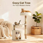 Veehoo Wood Cat Tree, Aesthetic Modern Cat Tree Tower with Scratching Posts, Luxury Cat Condo with Large Hammock and Soft Plush Perch for Indoor Cats