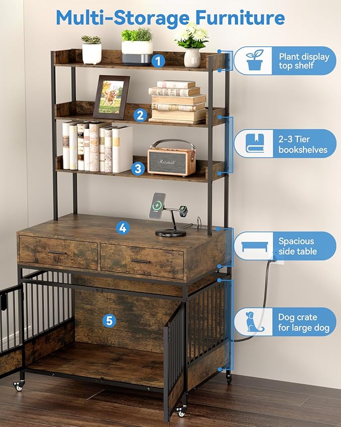 Petrova 40" Dog Crate Furniture with LED Light & Power Outlets, Heavy Duty Indoor Dog Kennel for Small/Medium Dogs, Wooden Dog Cage with Open Shelves, Storage Drawers, Lockable Wheels, Brown