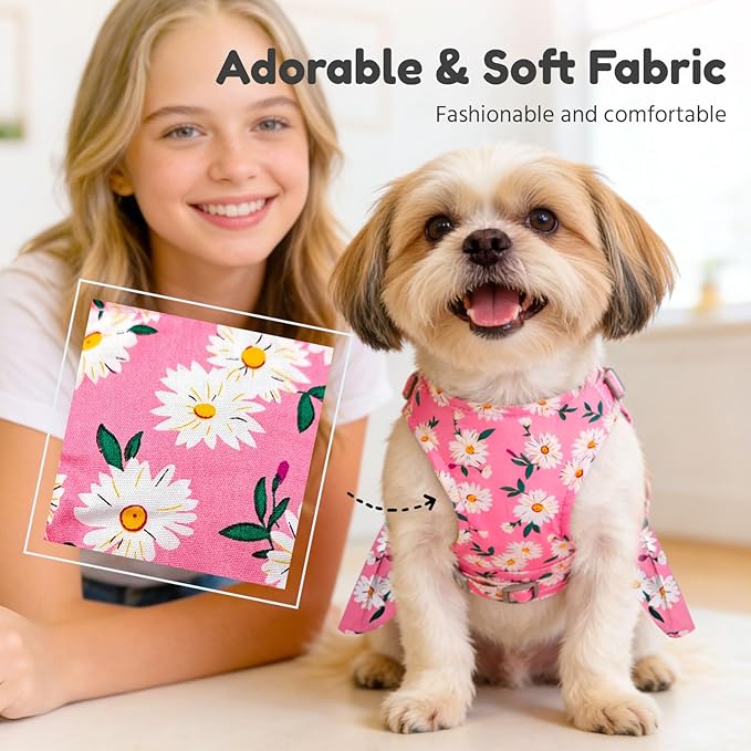 BAEJMJK Dog Dress Bowknot Harness Leash Set for Small Dogs Cats Daisy Floral Girl Dog Dresses Cute Puppy Princess Clothes Pet Doggy Outfits Spring Summer Breathable Dresses(Pink,X-Small)