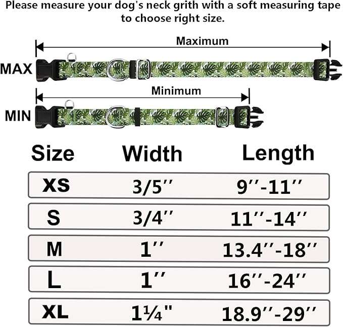 Dog Collar Martingale with Buckle Adjustable Nylon Tropical No Pull Anti Escape Training Dog Collars (Palm Leaf, Small)