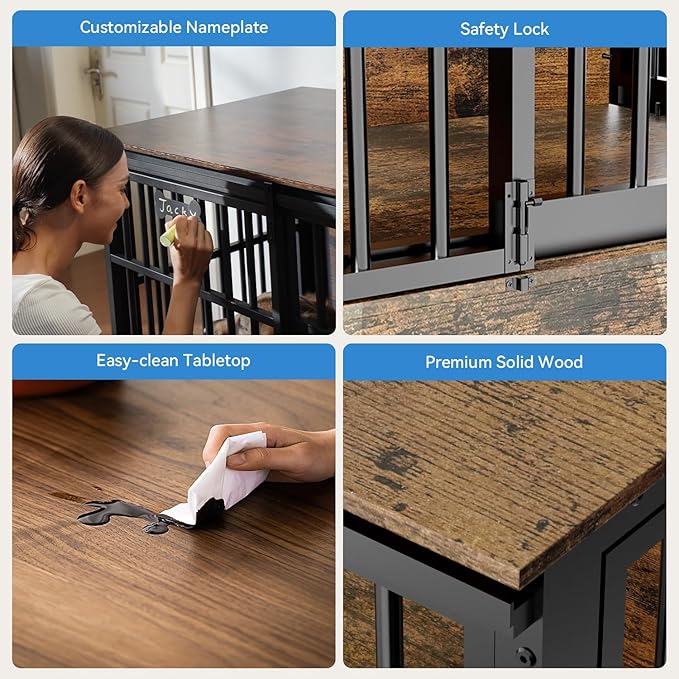 Petrova 47" Dog Crate Furniture with Name Tag, Heavy Duty Dog Kennel Indoor for Large/Medium Dogs, Wooden Dog Cage with Sliding Door, Decorate House as TV Stand, End Table, Rustic Brown