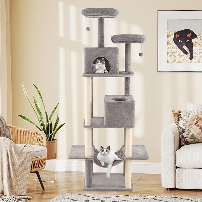PETSITE 81 Inches Tall Modern Cat Tree, Multi-Level Cat Tower with Sisal Scratching Posts, 2 Private Condos, 2 Hanging Jingling Ball, Hanging Sisal Rope, 2 Top Perches, and Multiple Jumping Platforms