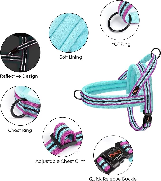 Didog Soft Flannel Padded Dog Vest Harness, No Pull/Quick Fit Reflective Dog Strap Harness, Easy for Training Walking (M:Chest 22-26", Mixed-Blue)