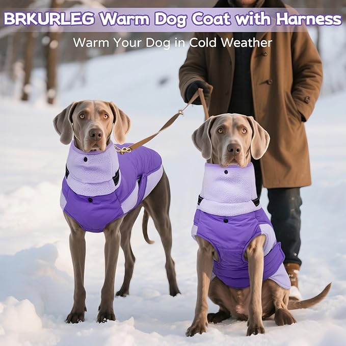 BRKURLEG Dog Coat, Turtleneck Winter Jacket with Harness for Small Medium and Large Dogs, Windproof Reflective Warm Fleece Dogs Snowsuit with Hook & Loop, Dog Coats for Cold Weather, Purple XL