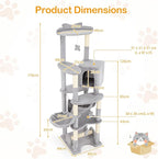PETSITE 69 Inch Tall Cat Tree, Multi-Level Grey Cat Tower with Sisal Scratching Posts, Cat Condo, Basket Bed, Hammock, Basket Bed, and Hanging Toys, Modern Cat Tree Tower for Indoor Cats