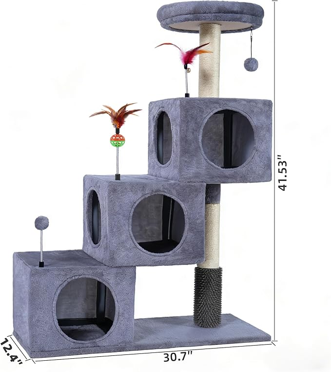 ROYPET Cat Trees with Three Cat Houses Condos with Scratch Posts and Cat Toys,Grey