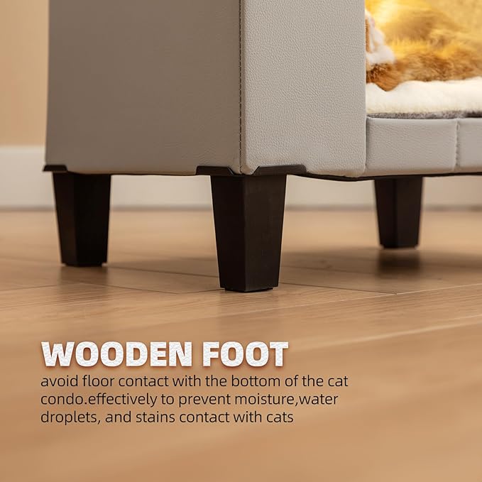 Cat House for Indoor Cats Condo,Cat Furniture with Large Area Scratch Pad，Leather Cat Bed Side Table & Nightstand for Living Room and Bedroom Decoration,Grey